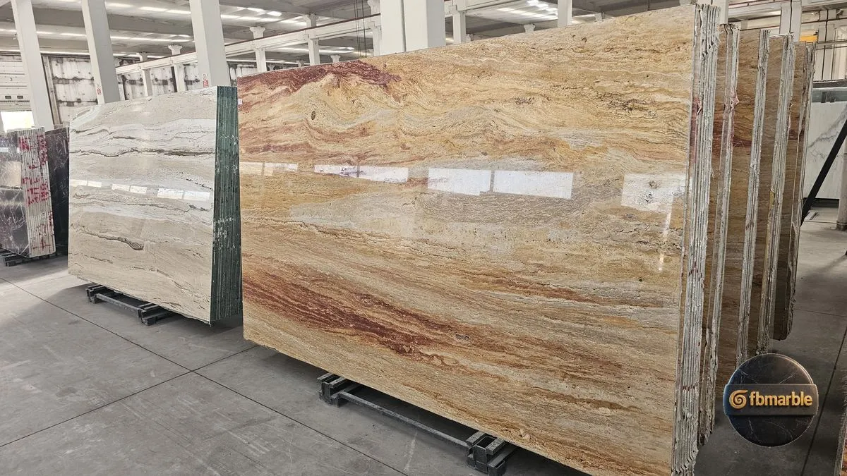 Roman Travertine – Roman travertine with cream, honey and burgundy bands, 20mm filled & honed slab